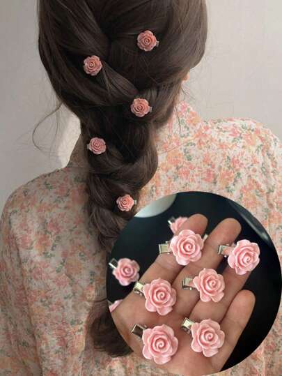 10 قطع مشابك شعر زهور ورد زهري للفتيات، دبابيس شعر أنيقة، إكسسوارات شعر للزفاف