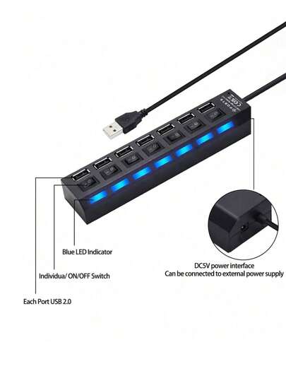 جهاز التوصيل المنفصل USB Hub بمنافذ 7 أو 4 للكمبيوتر، يوسّع منافذ USB الخاصة بالكمبيوتر المحمول لتوصيل عدة أجهزة USB، تصميم مفتاح فردي لكل منفذ، يمكن الإضافة والإزالة السريعة للأجهزة بدون إيقاف تشغيل الكمبيوتر، متوافق مع الكمبيوترات والهواتف الذكية والأجه