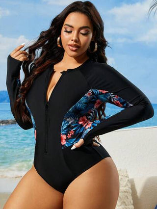 Swim SPRTY ملابس سباحة قطعة واحدة طويلة الأكمام مع سحاب للنساء بمقاس كبير ورقبة عالية وطبعات نباتات استوائية للعطلات الصيفية