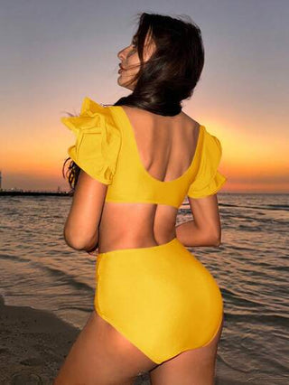 Swim Oasis مجموعة بيكيني أنيقة وجذابة للنساء مع زينة روفل عالية الجودة بألوان صلبة مناسبة لملابس السباحة الصيفية المزينة باللون الأصفر