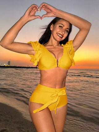 Swim Oasis مجموعة بيكيني أنيقة وجذابة للنساء مع زينة روفل عالية الجودة بألوان صلبة مناسبة لملابس السباحة الصيفية المزينة باللون الأصفر
