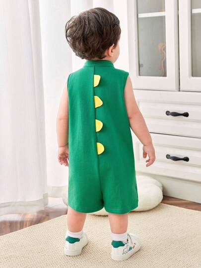 SHEIN رومبر لولبي لطيف للأطفال الرضع، بدون أكمام، محبوك، بلون يحاكي الديناصورات الكرتونية الممتعة، صيفي