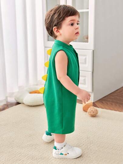 SHEIN رومبر لولبي لطيف للأطفال الرضع، بدون أكمام، محبوك، بلون يحاكي الديناصورات الكرتونية الممتعة، صيفي