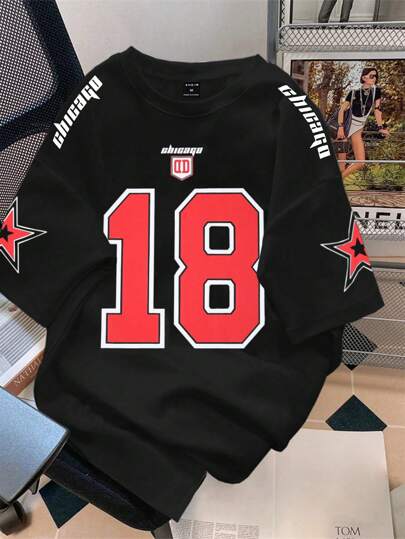 Manfinity Sporsity تي شيرت ذو طبعة رقمية بأكمام قصيرة بموديل بلوزة كرة السلة بقصة فضفاضة للرجال