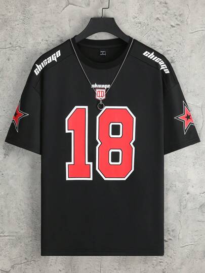 Manfinity Sporsity تي شيرت ذو طبعة رقمية بأكمام قصيرة بموديل بلوزة كرة السلة بقصة فضفاضة للرجال