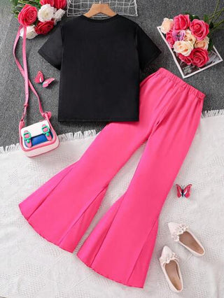 girls-sets طقم بنطلون وتي شيرت للفتيات المراهقات، تي شيرت صيفي عارض مخطط بنمط الفراشة مع بنطلون واسع بلون سادة مكون من قطعتين