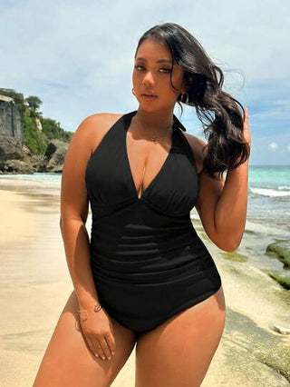 Swim Lushoire مايوه نسائي قطعة واحدة عنق مربوط بالحبل بلون سادة لمقاسات كبيرة لشاطئ الصيف