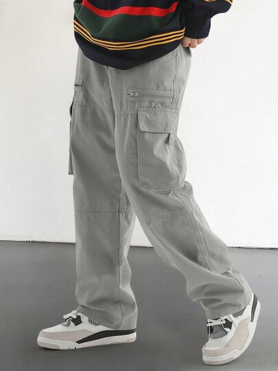 بنطلونات شحن فضفاضة للرجال بجيوب جانبية وطية