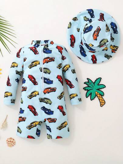 مايوه أولادي مجموعة بدلة السباحة والقبعة الشمسية للأولاد في الصيف مع سحاب، أزرق فاتح بطبعة سيارة كرتونية، مناسبة للشاطئ والسباحة والتزحلق على الماء وألعاب حديقة المياه