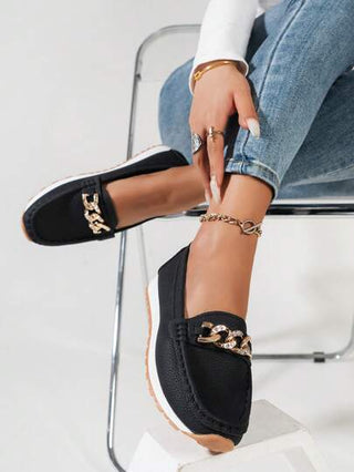 حذاء نسائي أسود من نمط Litchi Loafers بتزيين سلسلة الماس ، حذاء شبه رسمي مسطح للخارج والراحة ، تصميم متعدد الاستخدامات لفصلي الربيع / الصيف