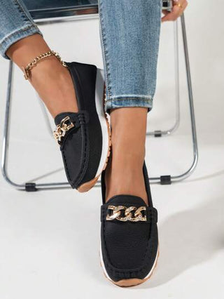 حذاء نسائي أسود من نمط Litchi Loafers بتزيين سلسلة الماس ، حذاء شبه رسمي مسطح للخارج والراحة ، تصميم متعدد الاستخدامات لفصلي الربيع / الصيف