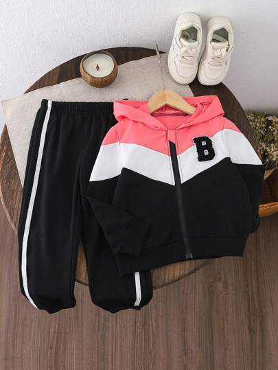 ملابس رياضية أطفال بذلة راحة تناسب كل المناسبات للفتاة الشابة، سترة هودي بكلية ملونة باللون الأسود/الأبيض/الزهري وبنطلون رياضي ملون يناسب الخريف، الشتاء، الخارج، المدرسة، الرياضة والمناسبات اليومية. مثالية أيضًا لملابس التوأم.