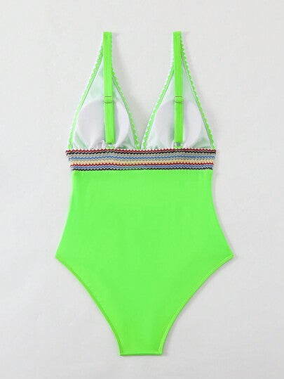 مايوه حريمي قطعة واحدة Swim مايوه نسائي فريد من نوعه واحد الجزء الأعلى على شكل V للشاطئ بخطوط منسوجة وطبعات فاخرة للصيف