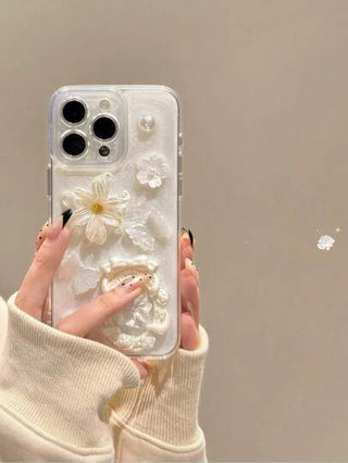 غطاء هاتف بتصميم زهرة ثلاثية الأبعاد وأحجار كريمة ولؤلؤ متوافق مع آيفون 14 وسلسلة 13 برو ماكس/12/11، غطاء شفاف وناعم مقاوم للسقوط، تصميم إبداعي فريد، مناسب للربات المنزل والنساء الراقيات