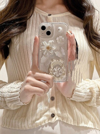 غطاء هاتف بتصميم زهرة ثلاثية الأبعاد وأحجار كريمة ولؤلؤ متوافق مع آيفون 14 وسلسلة 13 برو ماكس/12/11، غطاء شفاف وناعم مقاوم للسقوط، تصميم إبداعي فريد، مناسب للربات المنزل والنساء الراقيات