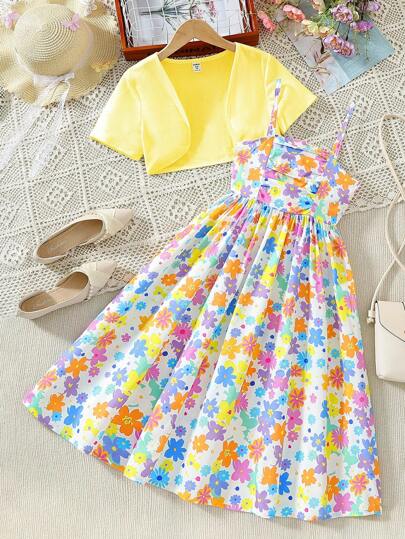 طقم فستان كامي طويل مطبوع بزهرة الدوبامين وجاكيت قصير أحادي اللون للفتيات المراهقات