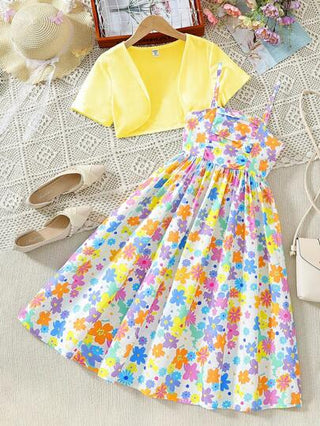 طقم فستان كامي طويل مطبوع بزهرة الدوبامين وجاكيت قصير أحادي اللون للفتيات المراهقات