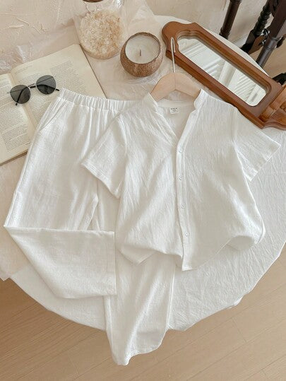 X JIMENA & MATEO مجموعة قميص كم قصير ذو تصميم رقبة على شكل V صغير ومريح وبنطال مريح مناسب للأطفال، مناسب للاستخدام اليومي المنزلي والأنشطة الخارجية والصور الشخصية واللعب