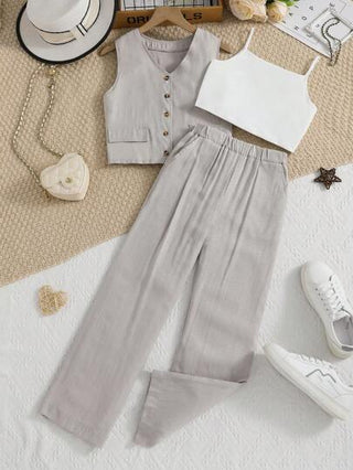 تيشيرتات بناتي طقم تي شيرت بأكمام قصيرة بيضاء كاجوال للمراهقات 3 قطع ، وأعلى بدون أكمام ، وبنطلون طويل