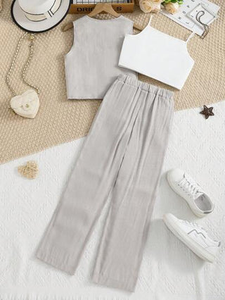 تيشيرتات بناتي طقم تي شيرت بأكمام قصيرة بيضاء كاجوال للمراهقات 3 قطع ، وأعلى بدون أكمام ، وبنطلون طويل