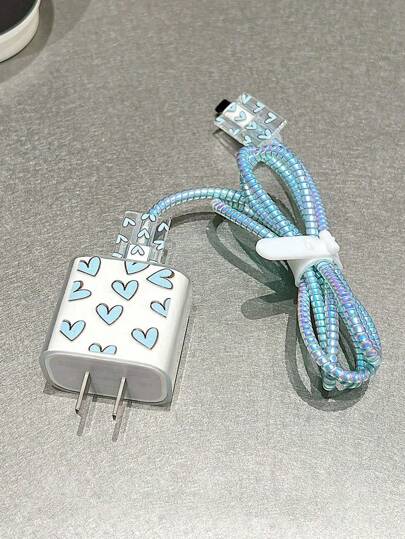 5 قطعة طقم أزرق داكن شكل قلب أجهزة شحن 20 واط/ 18 واط: كابل شحن، تغطية حماية ،غطاء جهاز الشحن، متوافق مع هواتف آيفون من 11 إلى 16، واق كابل، واقي شاحن