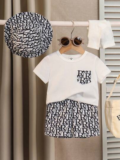 طقم 3قطع تي شيرت محبوك بياقة مستديرة وأكمام قصيرة، شورت وقبعة للأطفال الصبيان في الصيف