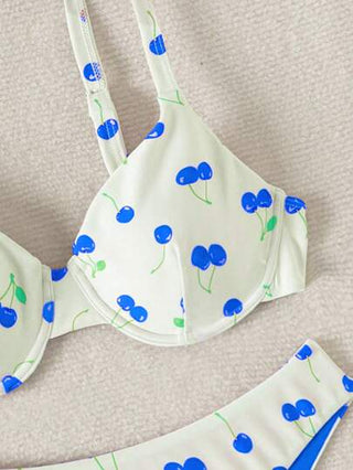 Swim طقم سلسلة حمالة صدر ذات دعامة وسروال بكيني مطبوع برسومات الكرز، صيفي