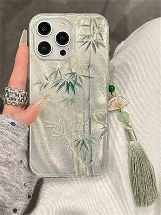 حافظة هاتف القطن الناعمة مع سلسلة متوافقة مع iPhone 16 15 14 13 12 Pro Max 11، مصنوعة من خشب الخيزران والريشة، باللون الأخضر، غطاء خلفي فاخر مقاوم للصدمات