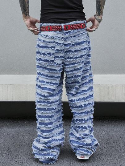 Manfinity Homme جينز مُمزَّق وممزق مع ساق واسعة بدون حزام، جينز عادي واسع طويل بلون أزرق ملكي مُغسل بحمولة، للزوج والصديق أعياد الميلاد