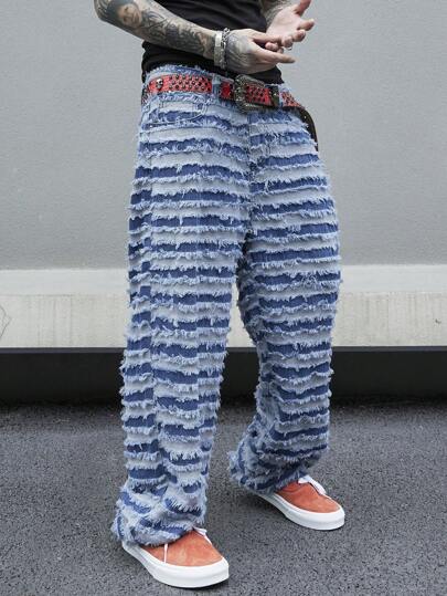 Manfinity Homme جينز مُمزَّق وممزق مع ساق واسعة بدون حزام، جينز عادي واسع طويل بلون أزرق ملكي مُغسل بحمولة، للزوج والصديق أعياد الميلاد