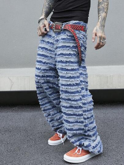 Manfinity Homme جينز مُمزَّق وممزق مع ساق واسعة بدون حزام، جينز عادي واسع طويل بلون أزرق ملكي مُغسل بحمولة، للزوج والصديق أعياد الميلاد