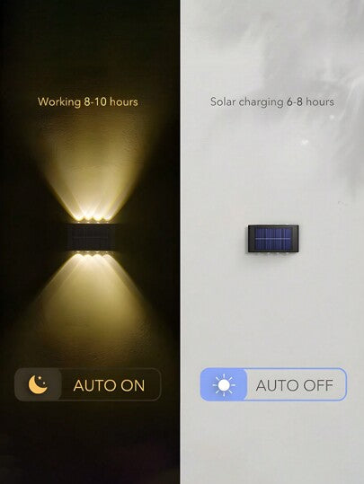 مصباح جداري خارجي برأسين مدعوم بالطاقة الشمسية مضاد للماء ومصمم لتزيين الفناء، لتوفير الإضاءة العلوية والسفلية