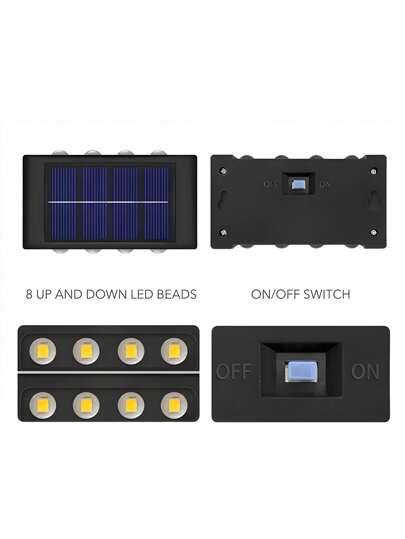 مصباح جداري خارجي برأسين مدعوم بالطاقة الشمسية مضاد للماء ومصمم لتزيين الفناء، لتوفير الإضاءة العلوية والسفلية