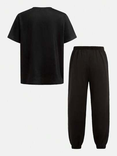 SHEIN طقم بلوزة بياقة مستديرة وبنطال جوجر بطباعة جرافيك عادية لصبية المراهقين 2 قطعة