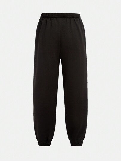 SHEIN طقم بلوزة بياقة مستديرة وبنطال جوجر بطباعة جرافيك عادية لصبية المراهقين 2 قطعة