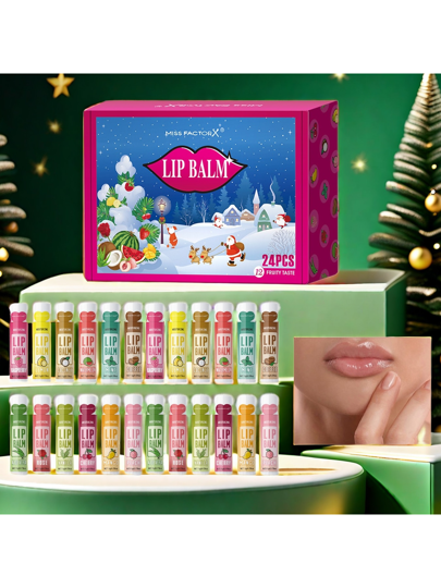 MISS FACTORX 24 قطعة/علبة طقم هدايا عيد الميلاد، 12 نكهة شفاه مرطبة 5 جرام، ترطيب عميق، ثابت لفترة طويلة، يعزز لون الشفاه، مناسب للجنسين، هدية للنساء، مفضلات الحفلات