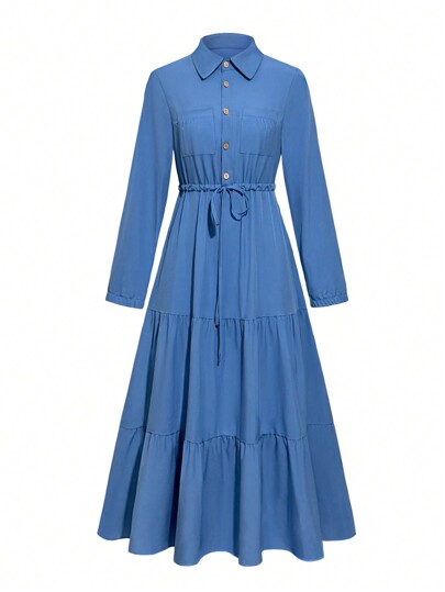 فستان قطعة واحدة بأزرار أمامية وخصر مشدود