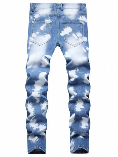 بنطال جينز رجالي ممزق باللونين الأزرق والأبيض بنمط خليط مقاس ضيق / مستقيم للرجال الأوروبيين والأمريكيين