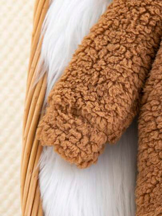 SHEIN طقم زي الراحة العادي للأطفال حديثي الولادة البنين، رومبير صوفية بغطاء برأس دب مطرز قابل للفصل، للحفلات الهالوين