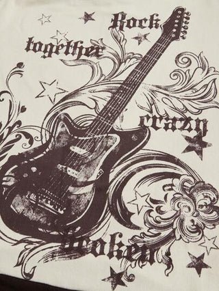 ROMWE Grunge Punk تي شيرت نسائي مع أكتاف منخفضة بتصميم كتل لون متباينة ذو طباعة جيتار جرانج وموسيقى روك فستيفال مقاس كبير, مدرسة