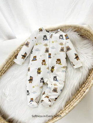 Cozy Pixies جمبسوت محبوكة للرضع حديثي الولادة ذات الرقبة الدائرية الناعمة بأكمام طويلة وطباعة دب كرتوني لطيف على الصدر، مع بنطلون، مناسبة لجميع الفصول كطبقة أساسية للارتداء في الأماكن المغلقة والمفتوحة