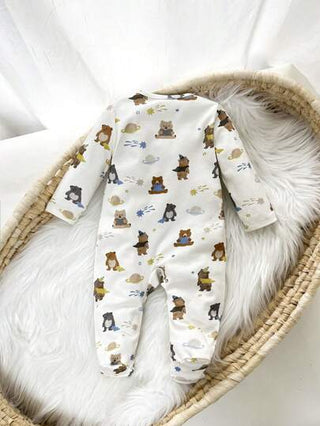 Cozy Pixies جمبسوت محبوكة للرضع حديثي الولادة ذات الرقبة الدائرية الناعمة بأكمام طويلة وطباعة دب كرتوني لطيف على الصدر، مع بنطلون، مناسبة لجميع الفصول كطبقة أساسية للارتداء في الأماكن المغلقة والمفتوحة