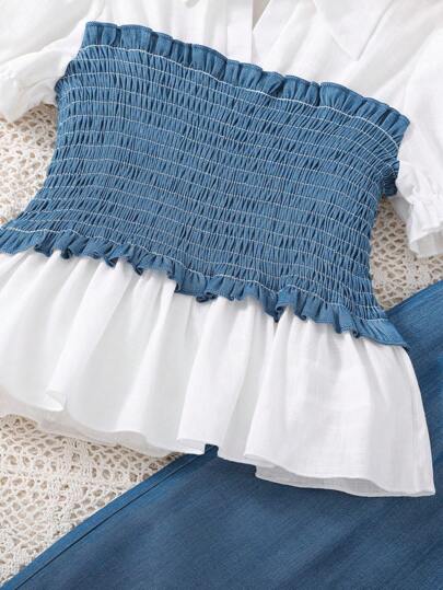 تيشيرتات بناتي قميص بأكمام منتفخة وصدرة وبنطلون لفتاة مراهقة