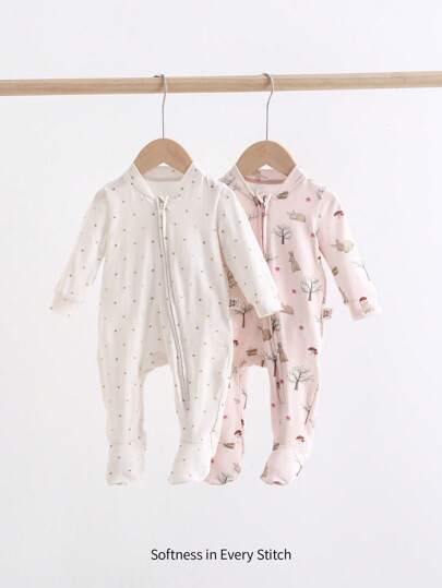 Cozy Pixies طقم رومبير طويل الأكمام برقبة دائرية ناعم للرضيع البنت الجديد مع طباعة الشجرة والأرنب والفطر