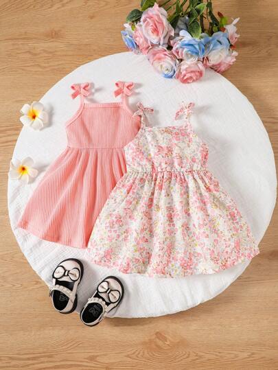 فساتين بيبي فستان قطعتين بحمالات للأطفال الرضع الفتيات بطابع عادي و زهور مطبوعة جميلة و مناسبة لفصل الربيع / الصيف ، مثالية لعيد الحب
