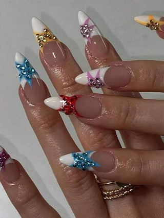 1 طقم/ 10 قطع من مسامير الفن الفرنسي بتصميم النجوم الملوّنة، تصميم عتيق وجريء ، فريد وراقي ، مثالي لأناقة العطلة ، ألماس نجمي ملوّن ، قابلة لإعادة الاستخدام وصنع يدوي ، أظافر جميلة للسيدات ، فنون أظافر لامعة ورائعة لأظافر الصيف