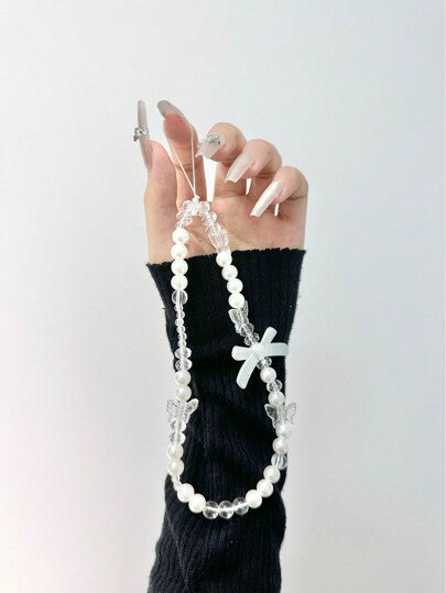 قلادة فصوص اللؤلؤ بشكل فراشة لهواتف المحمول، مضاد للسقوط، زينة هاتف بشكل فراشة اللؤلؤ مع سلسلة، هدايا للأم، العائلة، الأصدقاء، عيد الميلاد، العطلات، إكسسوارات هاتف مع سلسلة