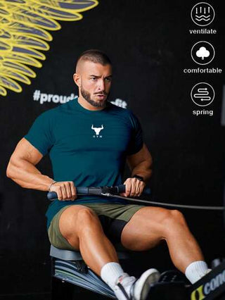 Manfinity Sport PWRUP تي شيرت رياضي مضغوط بأكمام قصيرة مريح للرجال بطباعة الخطوط البيضاء على خلفية زرقاء "أحب خطيبي" بجودة عالية، بناطيل رياضية جديدة مناسبة للمدرسة والرياضة
