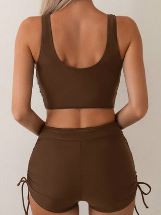 Swim Basics طقم بكيني بني بتصميم عبور أمامي بلون واحد للنساء بطراز كاجوال للشاطئ الصيفي