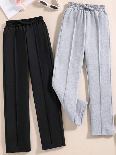 بنطلونات رياضية ذات لون واحد للبنات المراهقات 2 قطعة مع خصر بسحاب